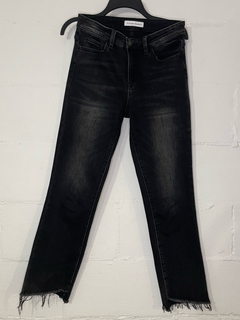 Flying Monkey Washed Black Straight Leg Jeans with Frayed Hem